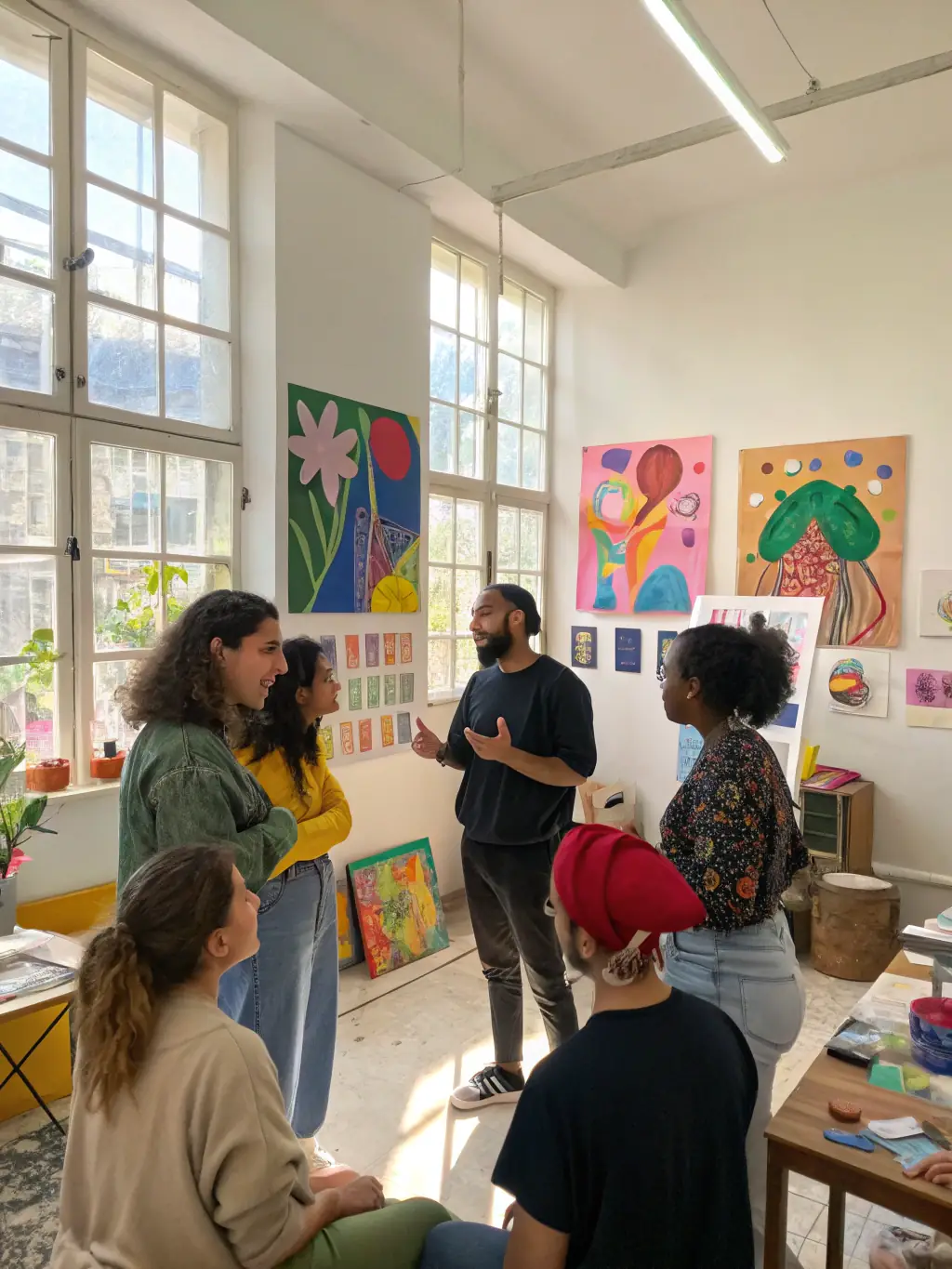 A picture of a workshop where artists are learning new techniques and skills, emphasizing EMERGENVOL's provision of resources and skill development opportunities.