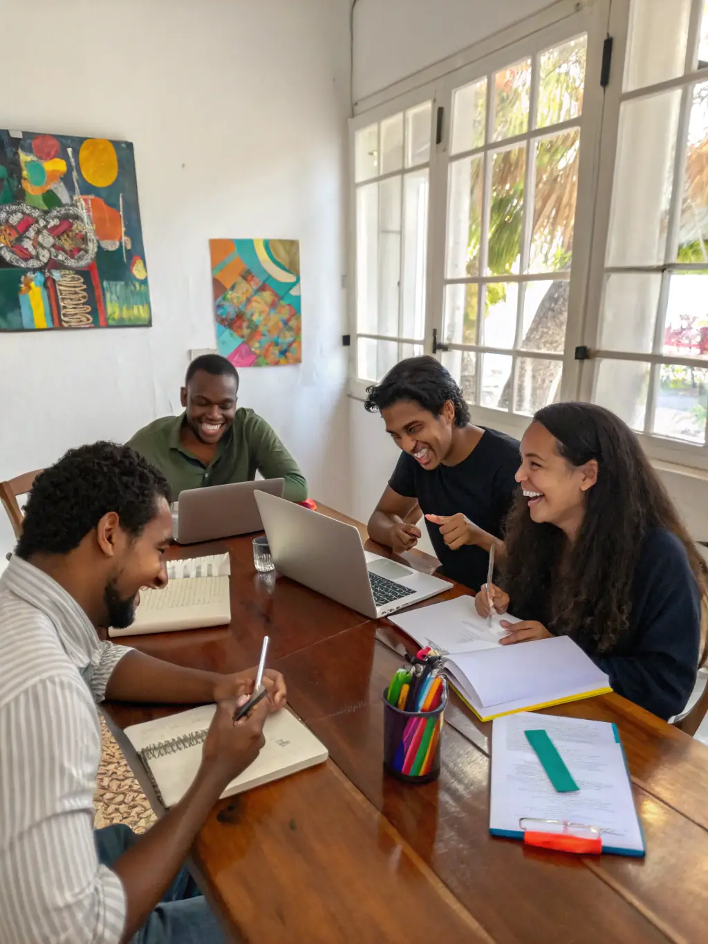 A group of artists collaborating and networking at an EMERGENVOL event, exchanging ideas and building connections within the community.