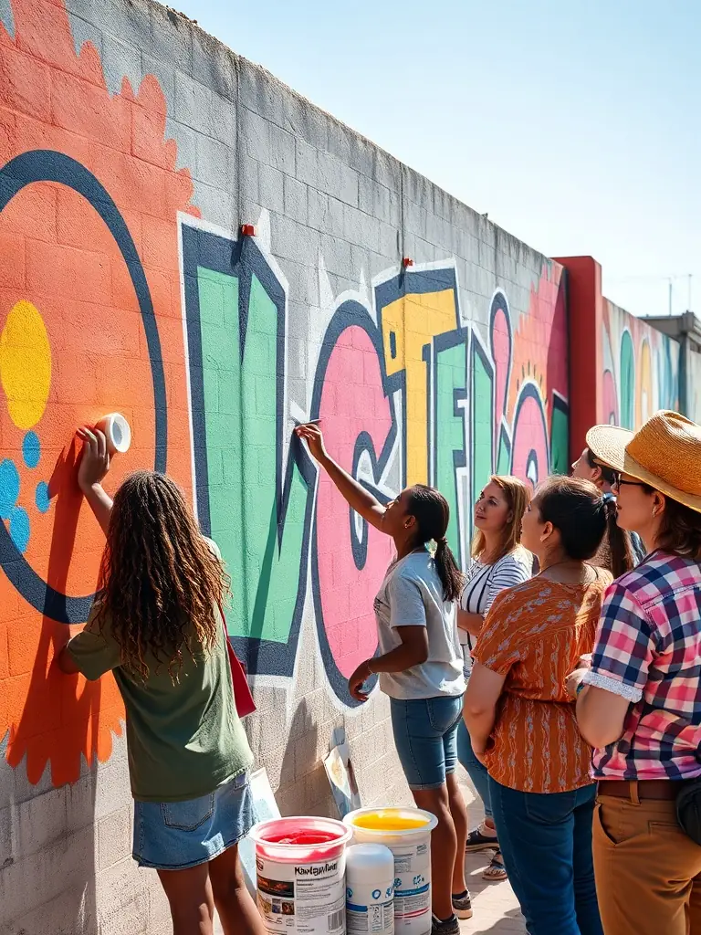 A photo of artists collaborating on a mural project in a community space, highlighting EMERGENVOL's commitment to community engagement and collaborative art.