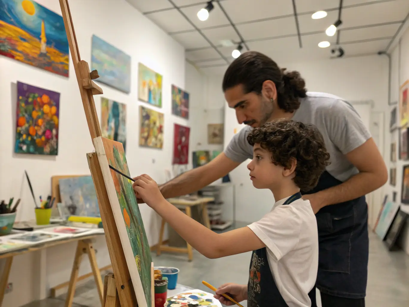 A mentor guiding an emerging artist in their studio, highlighting the personalized mentorship provided by EMERGENVOL.
