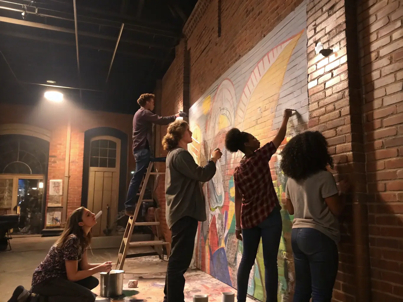 A diverse group of emerging artists collaborating on a mural project, showcasing the community engagement aspect of EMERGENVOL's programs.
