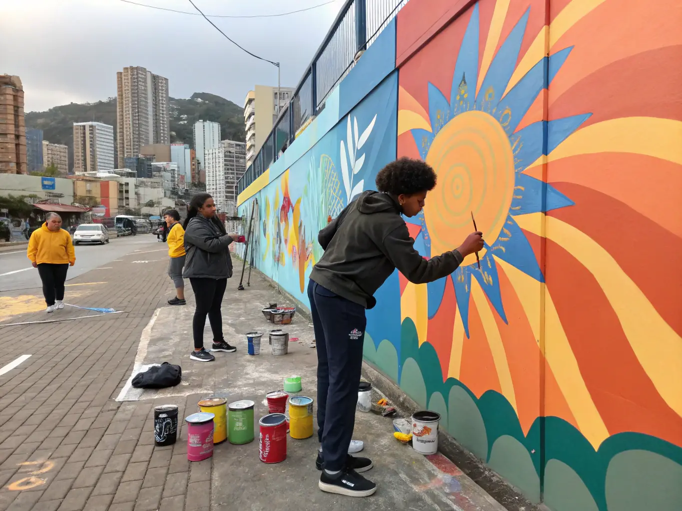 A photograph capturing a group of emerging artists collaborating on a mural project in a community space, showcasing the collaborative spirit and community engagement fostered by EMERGENVOL's programs.