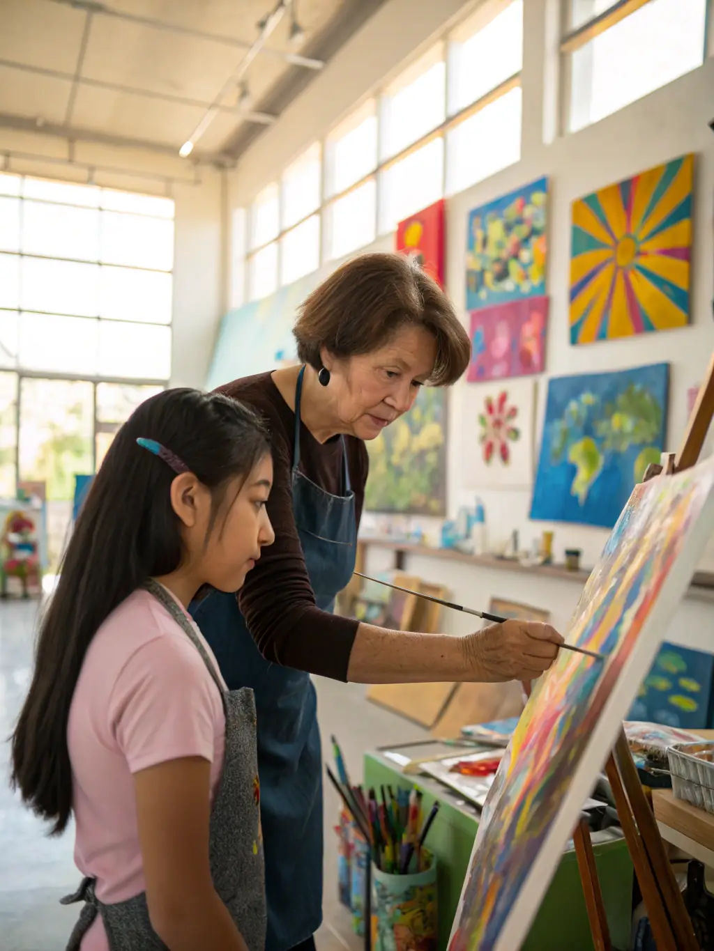 A photograph of a mentor artist guiding an emerging artist in a shared studio space, both smiling and engaged in the creative process, surrounded by art supplies and canvases.