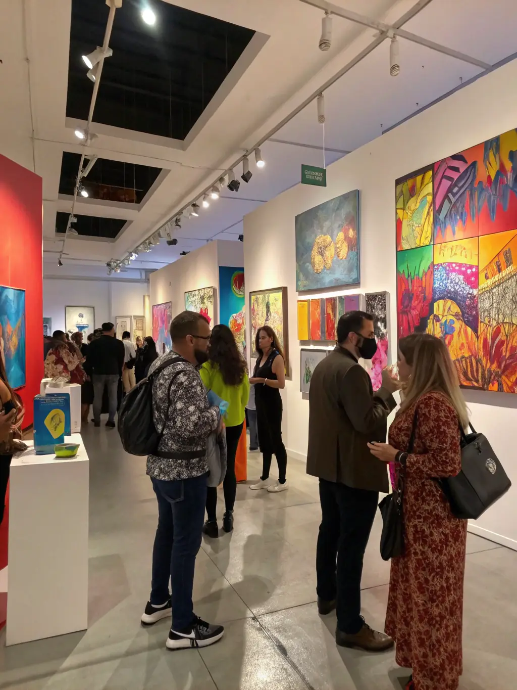 A vibrant image of an art exhibition organized by EMERGENVOL, featuring diverse artworks and a crowd of engaged attendees, emphasizing promotional opportunities.