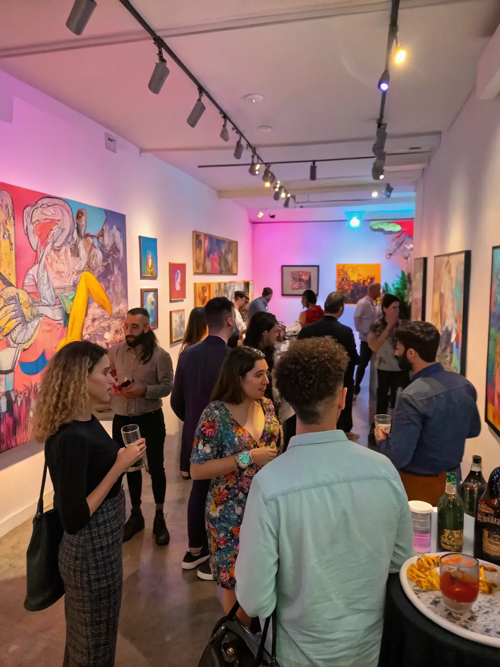 A vibrant image of an art exhibition showcasing the works of emerging artists, with attendees admiring and engaging with the artwork.